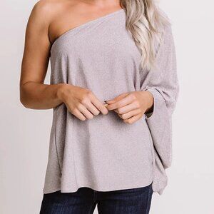 Dusty shimmer lavender purple hued cold shoulder knit shift top